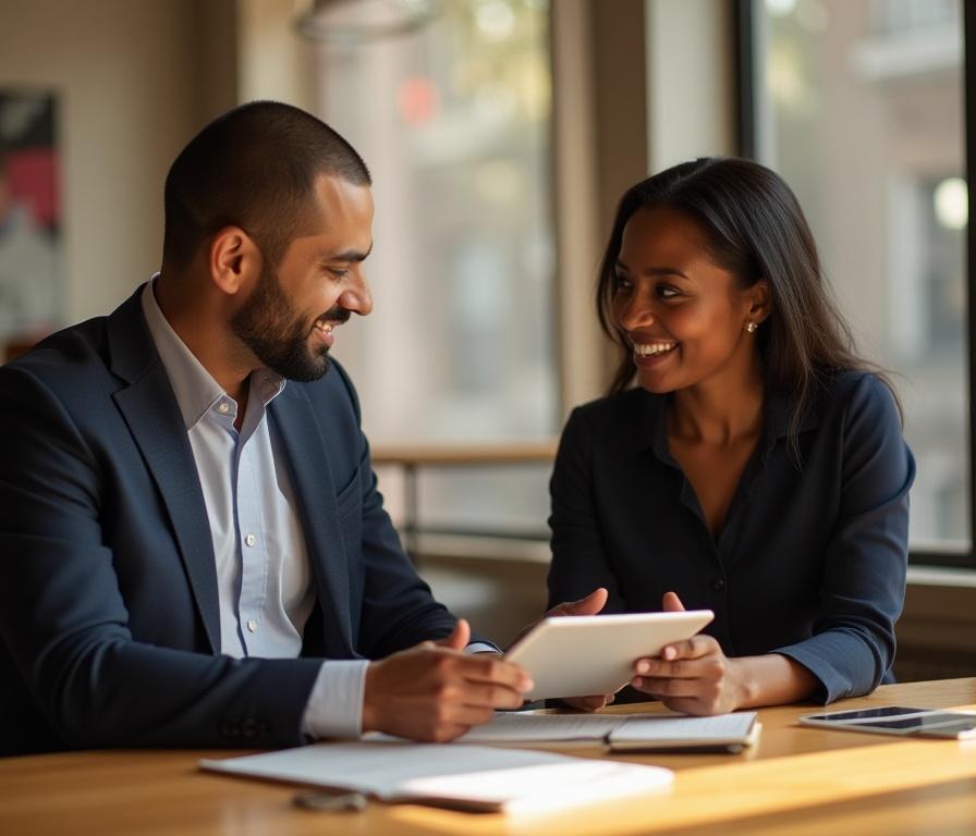 Professional coach and client discussing a workflow strategy in a modern Brooklyn office